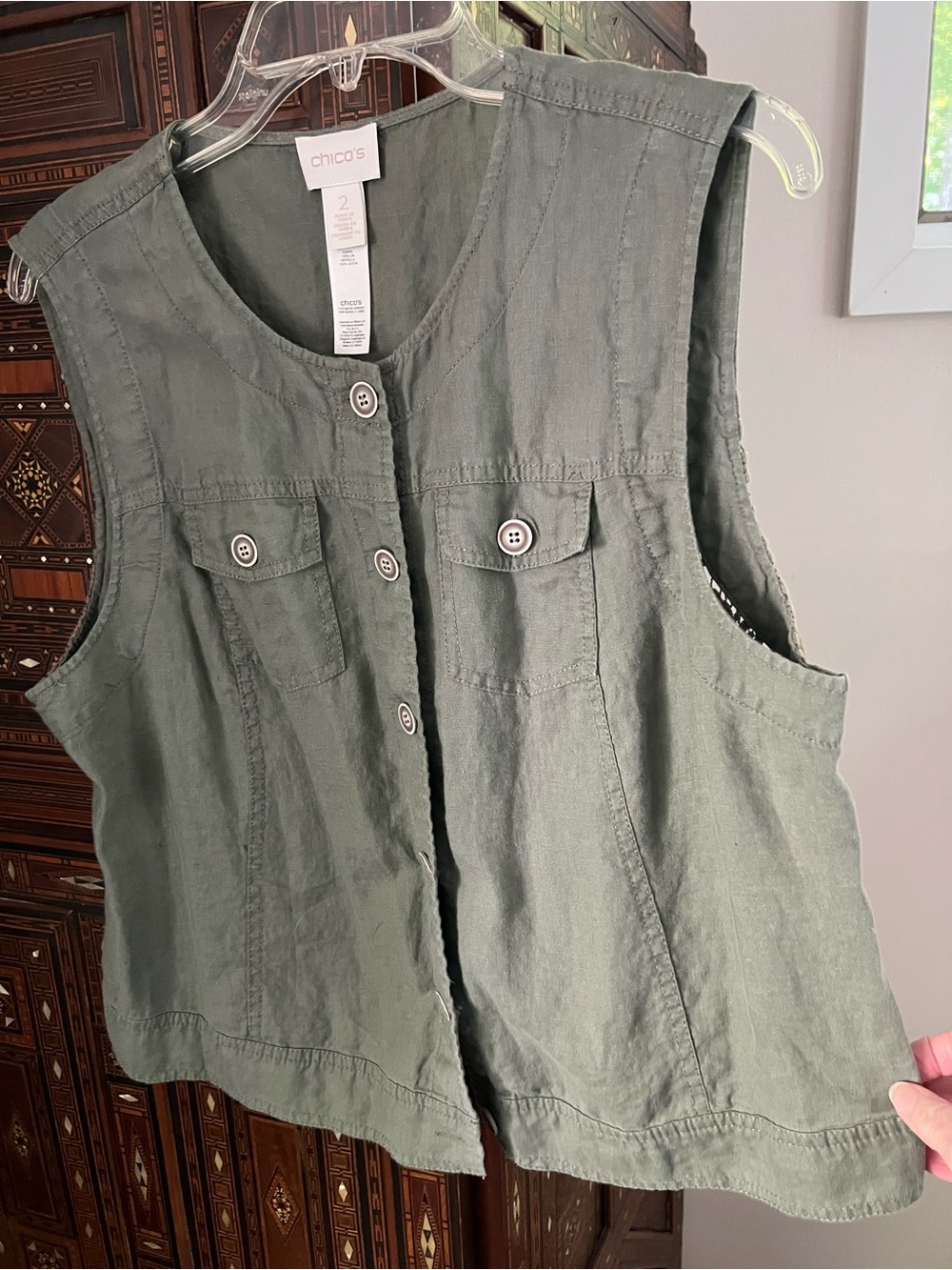 Chico's Olive Green Crochet-Back Button-Front Sleeveless Vest
